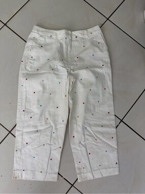 Kim Rogers White Cropped Pants with Multicolor Dot Embroidery